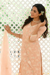 Women Peach Linen Embroidered Solid Kurta Set With Solid Pants & Chiffon Embroidered Dupatta-142-Vaas-Peach